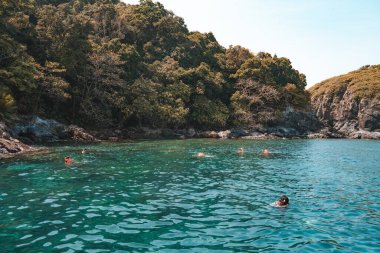 Perensçe, Kelatan, Malezya - 9 Mayıs 2024: İnsanlar Malezya 'daki Turle Körfezi Köpekbalığı Noktası ve Nemo Noktasında Şnorkelle yüzüyor