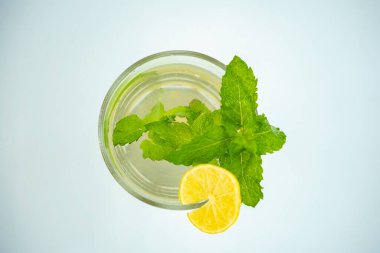 Bir bardak nane likörü ve yeşil yapraklı soğuk limonlu cin tonik.