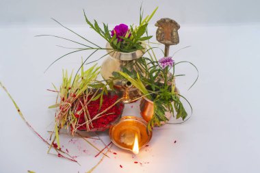 Tika Thali Dashain Hindu Festivali Kutlama Durga Puja ile kalaş, diya, vemillion rice, jamara