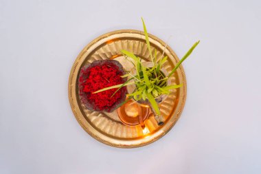 Tika Thali Dashain Hindu Festivali Kutlama Durga Puja ile kalaş, diya, vemillion rice, jamara
