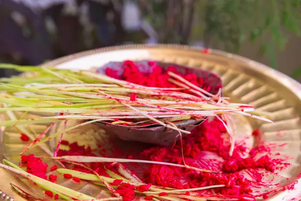 stock image Tika Thali Dashain Hindu Festival Celebration Durga Puja with kalash, diya, vemillion rice, jamara