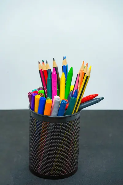 stock image Office Supplies Pen Holder with Crayons, Pens, Pencil, Colors, Highlighter Isolated White Background