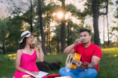 Romantik çift doğada buluşuyor, yemekle piknik yapıyor, gitar çalıyor ve güneşin tadını çıkarıyor.