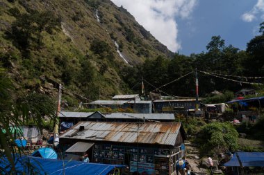 Langtang Valley, Rasuwa, Nepal - October 14, 2024 : Bamboo Village on the banks of Langtang River Seen During Langtang Village Circuit Trek in Nepal clipart