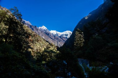 Himalaya dağlarının ilk bakışı Lama Hotel 'in Langtang Village, Nepal' e 3 günlük yürüyüşü sırasında görüldü.