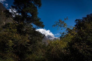 Himalaya dağlarının ilk bakışı Lama Hotel 'in Langtang Village, Nepal' e 3 günlük yürüyüşü sırasında görüldü.