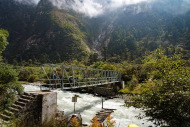Langtang Village, Nepal - 15 Ekim 2024: Langang Nehri & Köprüsü ile birlikte Ghoda Tabela bölgesindeki Langtang Circuit of Himalayaları 'nın izlerini takip etmek