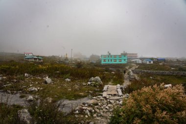 Langtang Village, Nepal - 15 Ekim 2024: Nepal yolculuğu sırasında uzak mesafedeki gezginler ve hamallarla Langtang Village 'a yaklaşmak