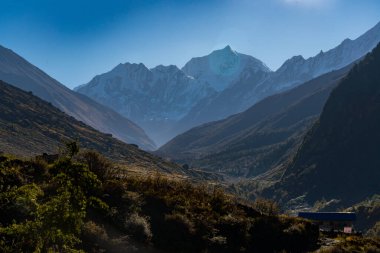 Langtang Lirung Dağı Gündoğumu Langtang Köyü 'nden Kyanjin Himalaya Yolu sırasında görüldü.