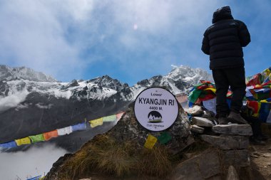 Kyanjin Gompa, Langtang, Nepal - October 16, 2024 : Beautiful Aerial View of Kyanjin Gompa Village with Langtang Lirung Mountain from Kyanjin Ri in Himalayas clipart