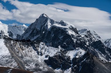 Langtang Bölgesi 'nin Himalayaları' ndaki Langsisha Ri Dağı Tepesi, Tserko Ri, Kyanjin Gompa 'dan görüldü.