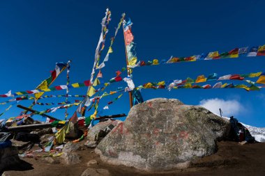 Güzel Himalaya Moutain Tserko Ri 'nin Manzarası Langtang' lı Kyanjin Gompa, Nepal 'de Budist Dua Bayraklarıyla