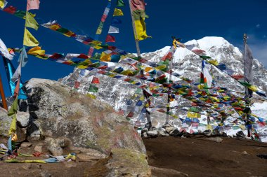 Güzel Himalaya Moutain Tserko Ri 'nin Manzarası Langtang' lı Kyanjin Gompa, Nepal 'de Budist Dua Bayraklarıyla
