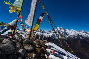 Tsergo Ri, Kyanjin, Langtang, Nepal - 17 Ekim 2024: Trekkers Tsergo Ri 'deki Langtang Vadisi' nde Himalaya Gangchempo, Langtang Lirung, Yala Peak vs..