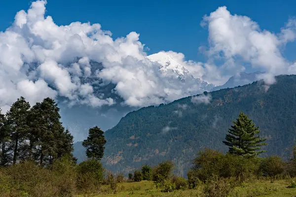 Güzel Yeşil Rolling Hills ve Mukharka Dağları Himalayalar 'da Rasuwa