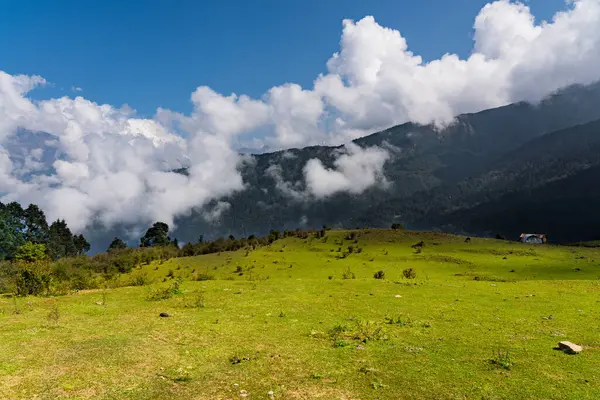 Güzel Yeşil Rolling Hills ve Mukharka Dağları Himalayalar 'da Rasuwa