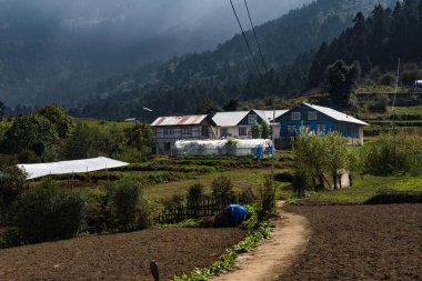 Mukharka, Laurebina, Rasuwa, Nepal - 20 Ekim 2024: Himalayalar 'ın Hilly Dağları' ndaki Nepal Tarım Köyü