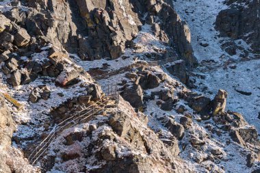 Langtang Ulusal Parkı 'ndaki Nepal' in Gosaikunda Yolu 'nda Karlı Yürüyüş Patikası ile gezinti.