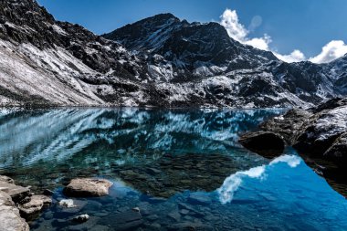 Canlı Gosaikunda mavi-yeşil dağ buzulları, güneş ışığı ve Nepal 'de karlı Himalaya zirveleri
