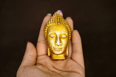 Lord Sidhartha Gautama 'nın baş heykeli. Vesak Buddha Jayanti Purnima' nın yansıması ve ışığıyla.