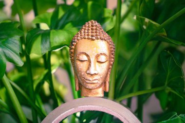 Lord Sidhartha Gautama 'nın baş heykeli. Vesak Buddha Jayanti Purnima' nın yansıması ve ışığıyla.