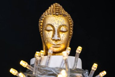 Lord Sidhartha Gautama 'nın baş heykeli. Vesak Buddha Jayanti Purnima' nın yansıması ve ışığıyla.