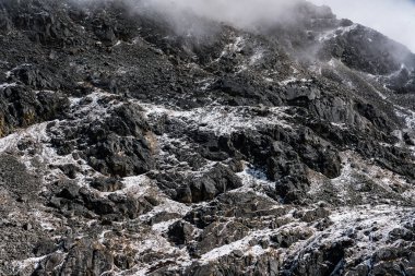 Yüksek Himalayaların Rocky desenleri Kış boyunca belirgin Kara Kaya oluşumlarıyla.