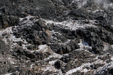 Yüksek Himalayaların Rocky desenleri Kış boyunca belirgin Kara Kaya oluşumlarıyla.
