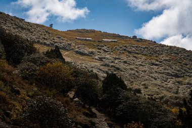 Yürüyüş için Himalayalar 'da Trekking Trail. Manikot 'taki Yukarı Dağlara Yol