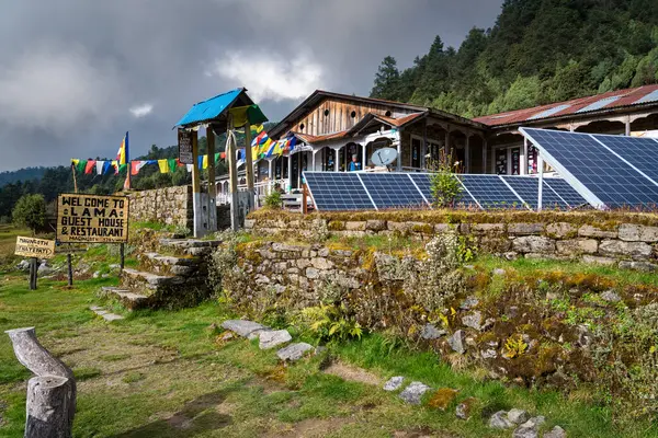 Magingoth, Thatepati, Lagtang, Nepal - 22 Ekim 2024: Himalayalar 'da Yeşillik Ormanı ve Çay Dükkanları ile Seyahat Yolu