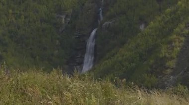 Himalaya Buzul Şelaleleri Langtang Village Bölgesi 'ndeki dağlardan yeşil manzaralı geliyor.