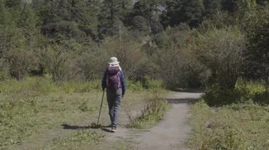 Langtang Köyü, Nepal - 25 Ekim 2024: Nepal 'in Himalaya dağlarında Langtang Pisti üzerinde yürüyüş