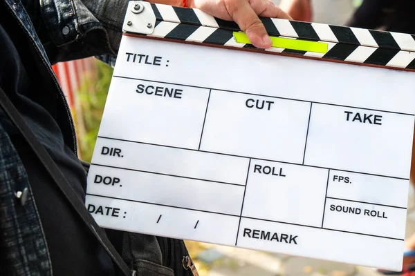 Close Beeld Van Filmproductie Crew Met Film Slate Set — Stockfoto