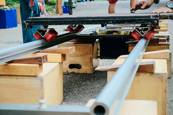 撮影クルー カメラドルリーの閉じる 映画産業機器 — ストック写真