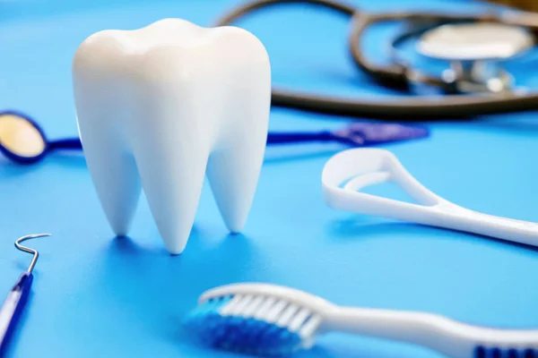 Οδοντιατρικό Μοντέλο Και Οδοντιατρικός Εξοπλισμός Μπλε Φόντο Έννοια Εικόνα Του — Φωτογραφία Αρχείου