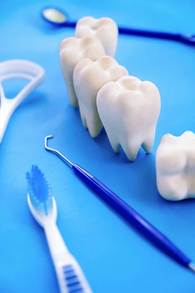 Modelo Dental Equipo Dental Sobre Fondo Azul Imagen Conceptual Fondo — Foto de Stock