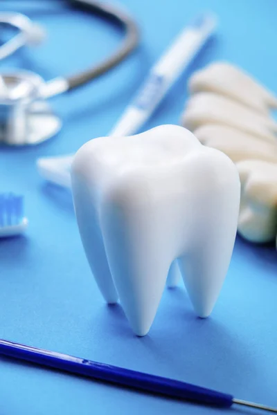 Mavi Arka Planda Diş Modeli Diş Donanımı Diş Hekimliği Konsepti — Stok fotoğraf