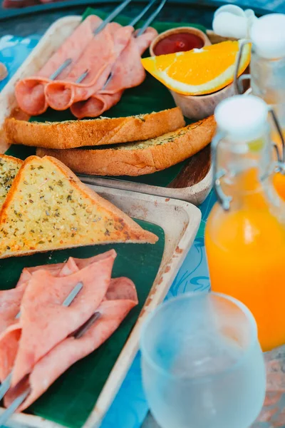 Breakfast Bread Ham Cheese Orange Juice Juice — Stock Photo, Image