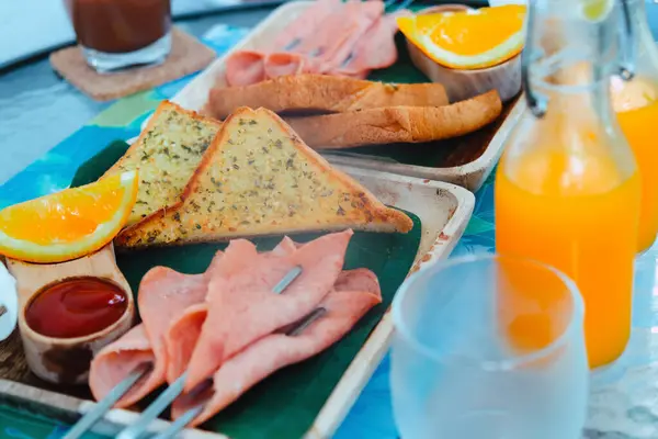 Breakfast Bread Ham Cheese Orange Juice Juice — Stock Photo, Image