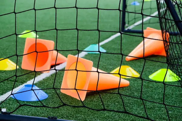 Soccer Goal Cones Green Artificial Turf Sport Background Stock Photo