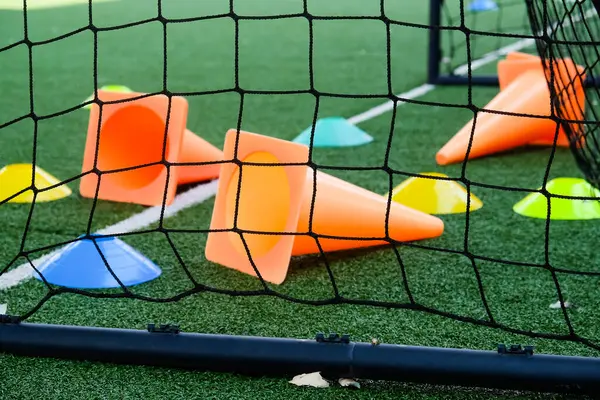 Soccer Goal Cones Green Artificial Turf Sport Background Stock Image