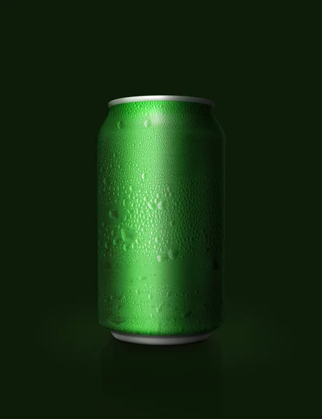 Grön Aluminiumburk Med Vattendroppar Mörkgrön Bakgrund — Stockfoto