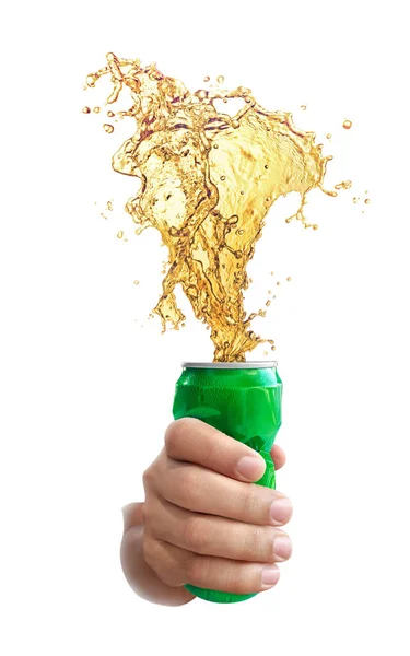 stock image Cold beer splashing out of caned isolated on white background