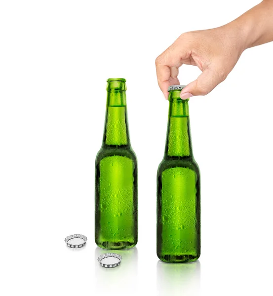 Man Holding Beer Bottle Isolated White Background — Photo