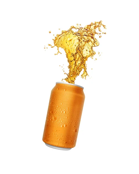 Arancione Soda Schizzi Scatolame Isolato Sfondo Bianco — Foto Stock