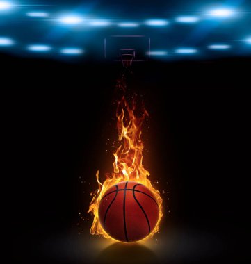 Basketbol sahasında yanan basketbol topu. 3d hazırlayıcı