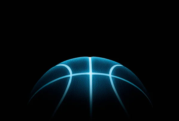 3D rendering of single black basketball with bright blue glowing neon lines sitting in completely black surroundings