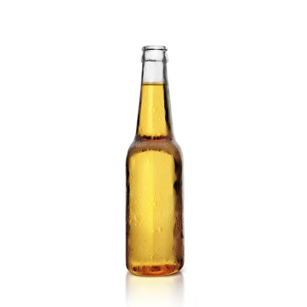 白い背景に結露の滴と新鮮なビールの茶色のボトル ボトルが発見され 金属キャップを持っていません 3Dレンダリング — ストック写真