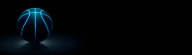 tamamen siyah çevrede oturan parlak mavi parlayan Neon hatları ile tek siyah basketbol 3D render 