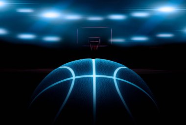 3D rendering of single black basketball with bright blue glowing neon lines in under illuminated floodlights. 3d render clipart